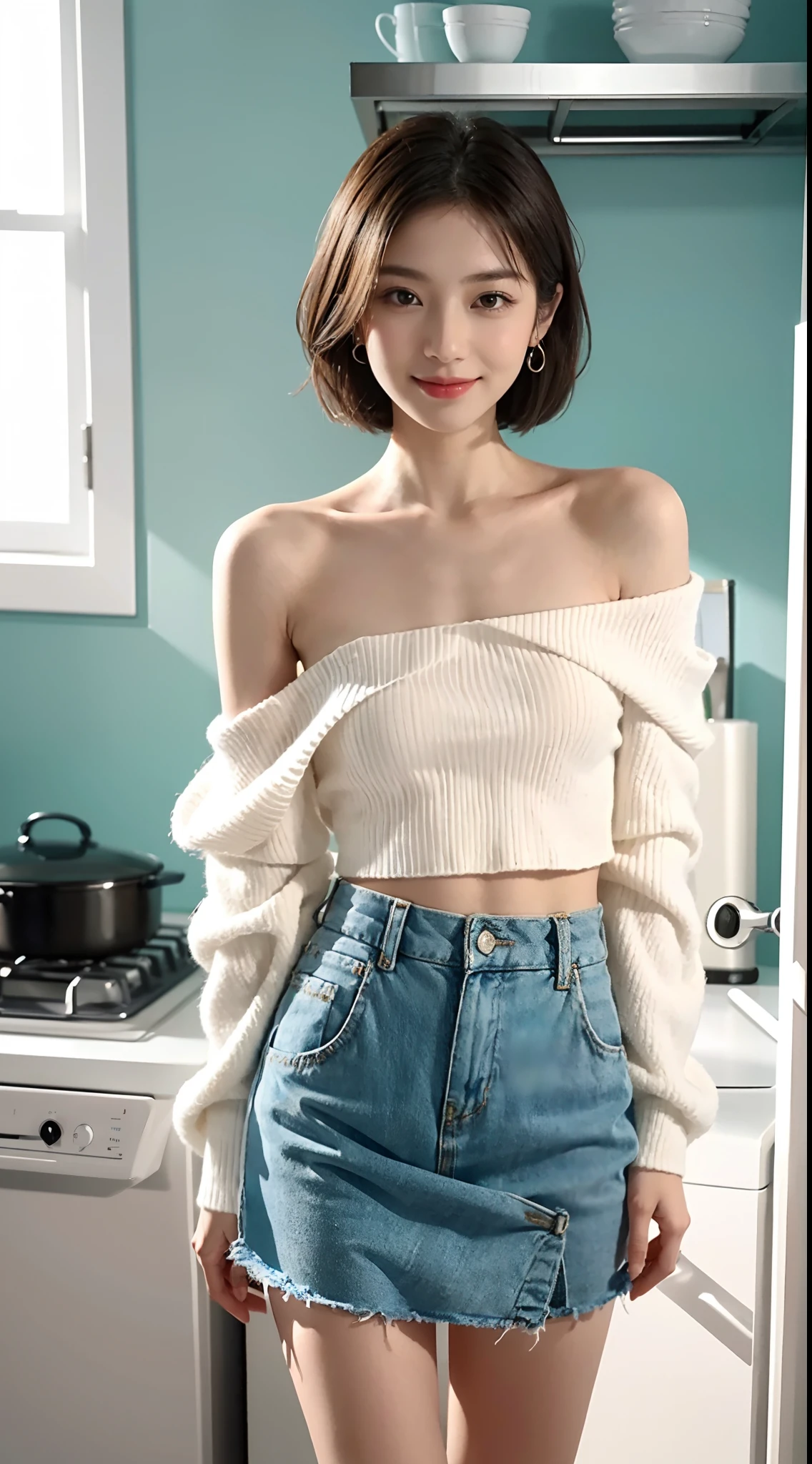 small head, (Well-defined abs: 1.1), (perfect bodies: 1.1), (short-length straight short hair: 1.2), （极其细致的CG 8k壁纸），（Extremely refined and beautiful），（tmasterpiece），（best qualtiy：1.0），（超高分辨率：1.0），upper body，[A high resolution]，cheerfulness，Smile，Smooth and flawless fair skin，ultra - detailed ，Elongated legs，（Small breasts:1.1),Flat chest,Slim，emaciated，（Maxi white off-shoulder sweater:1.4),(white t-back:1.1),(White leg ring:1.3),White socks,In a kitchen，Teal background，Next to the stovetop，Cooking，from front，Close shot，nightfall，warm light,Several dishes on table，standing