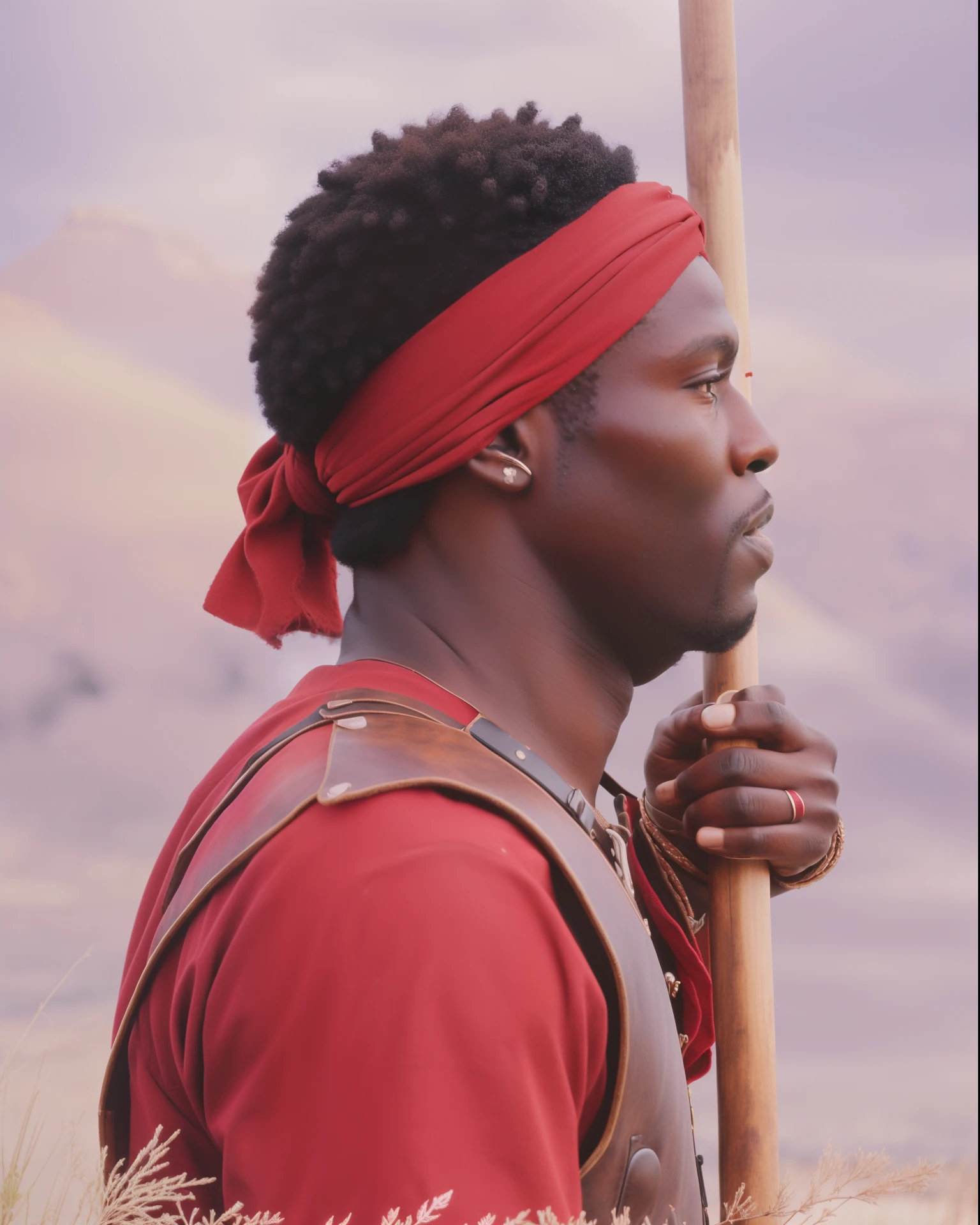 Realistic photo of a black man, red headband, facing the camera, red shirt, leather vest, holding a spear, black spearman, Rio Grande do Sul 1835 environment, photographed with a Leica camera