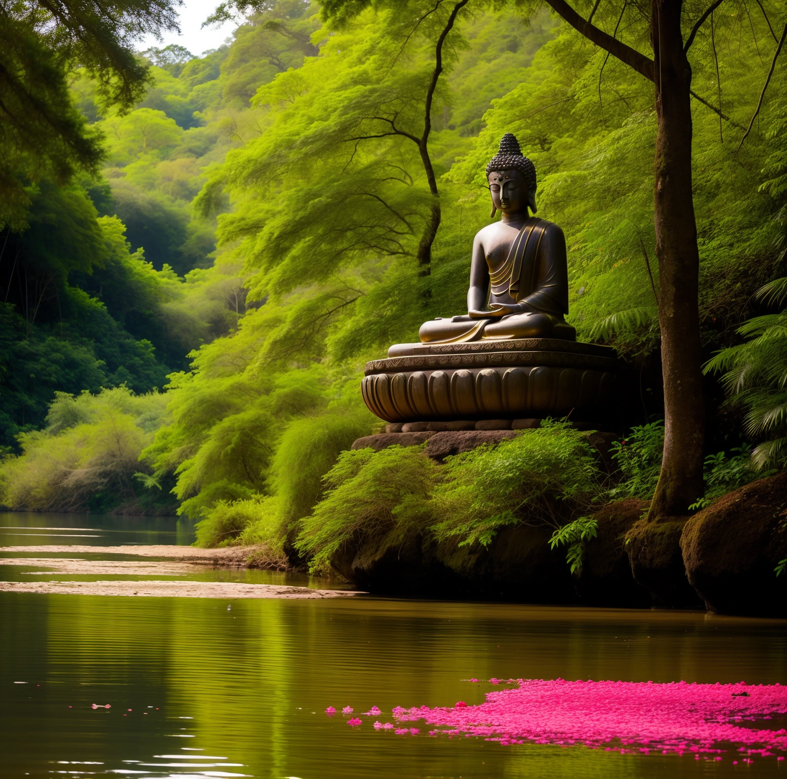 A landscape of a quiet spring in the middle of the jungle zoomed to a brass Buddha statue , small on the shore of the lake, al atardecer , A perfect place for meditation , of reflection and introspection, con colores rosas y morados