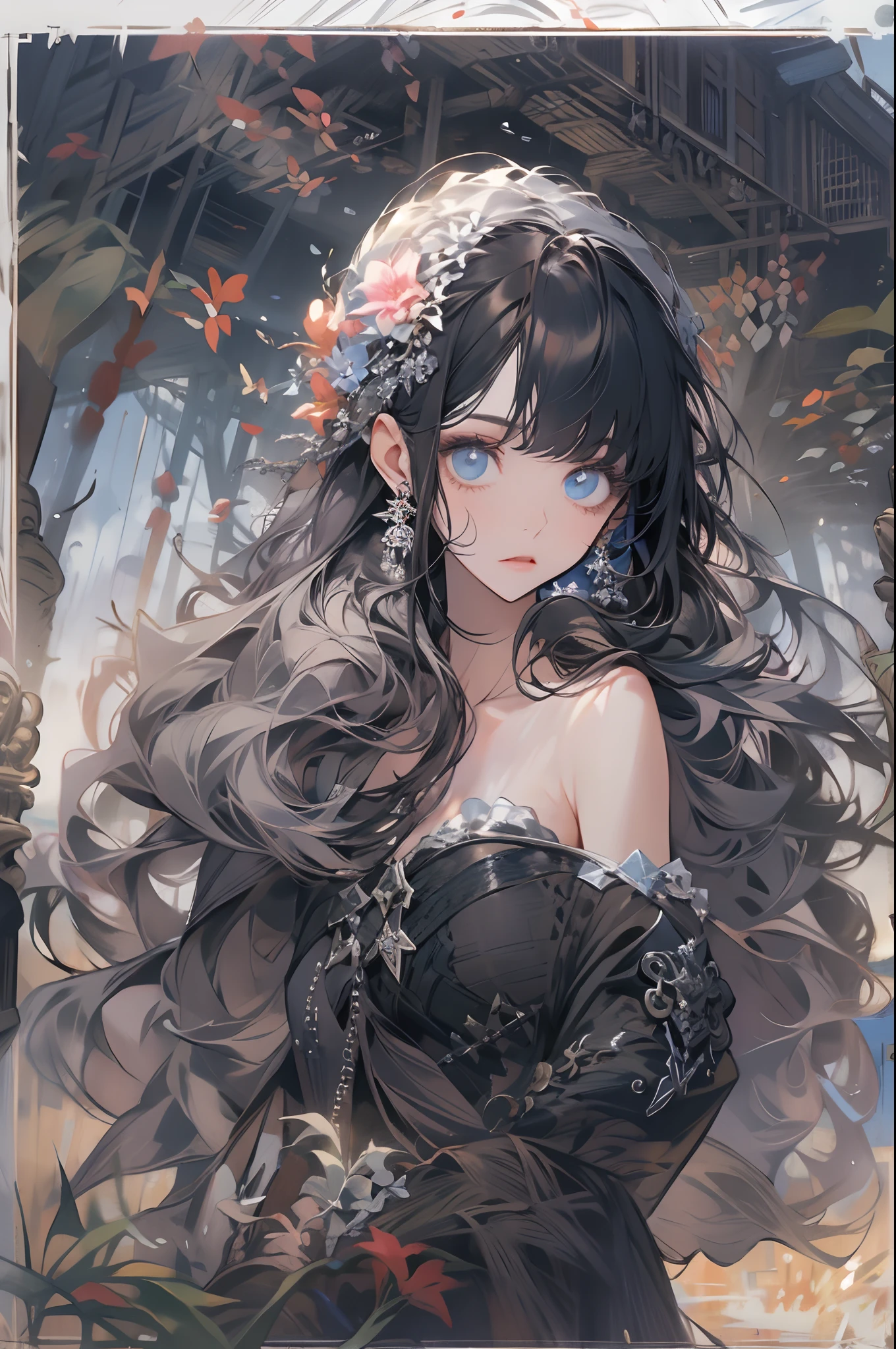 masterpiece, best quality, looking at viewer, long hair, outdoors, (wavy hair:0.7), 
black theme,