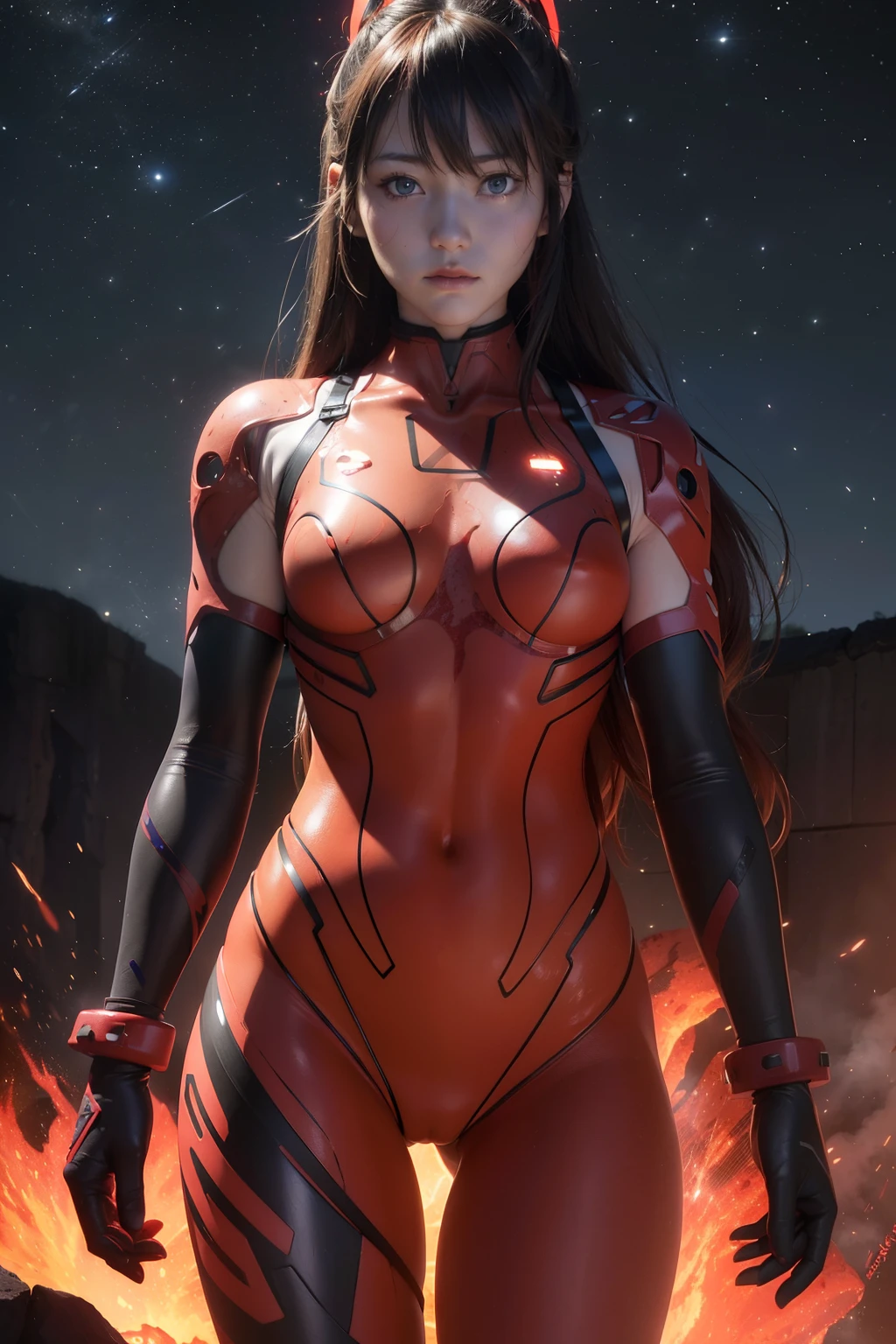 Asuka-Evangelion (((From face to the waist view::1. 4))), realistic skin texture, front view::1.0, in complex & hyper detailedplusuit armor (((lava glow effect))), panning photography::1, midnight hour illuminationr, (masterpiece), best quality, perfect pretty face, 8k