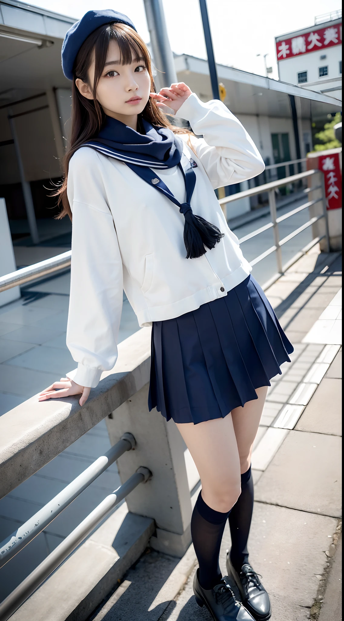 mix4, (16 K, Raw photography, Top image quality, masterpiece: 1.45), (realisitic, Photorealsitic: 1.37), one girls, 7.5, etc、Random hairstyle、Standing figure,Daytime、a very cute,Station platform,, profetional lighting, photon maping、physically-based renderingt, Gradient dark brown hair,Crisp backgrounds and high resolution, a handsome, Well-groomed and beautiful eyes、Large double eyelids、Very shiny、girl with, (((student clothes、Winter clothes、Sailor suit worn by Japan girl、Navy blue sailor color、scarf、a miniskirt, Small beret、high socks、lowfers、Frugal bag))), Top Quality Photos, hight resolution, 1080p, (clearface), (Detailed face description), (Detailed hand description), (masterpiece), (Exquisite CG)、extreme light and shadows、dishevled hair、master work、abundant detail、(Fine facial features)、(top quality photo)、(masuter piece)、(A detailed eye)、Look in front of you、Fine clavicle、((Slender big))、(((Japan schooln sailor suit)))、((Idle system))、((Station platform、wicket、railroad crossing))、(((neat and cute)))、耳Nipple Ring、A big smile、Drawing the whole body from the knees、Do not draw nasolabial folds、(((Long sleeve sailor suit)))、(Big breasts that hang down big:1.2)、Big buttocks with tension、Two arms and two legs、(((from the front side:0.3)))、bare hand、No mask、No skin exposure