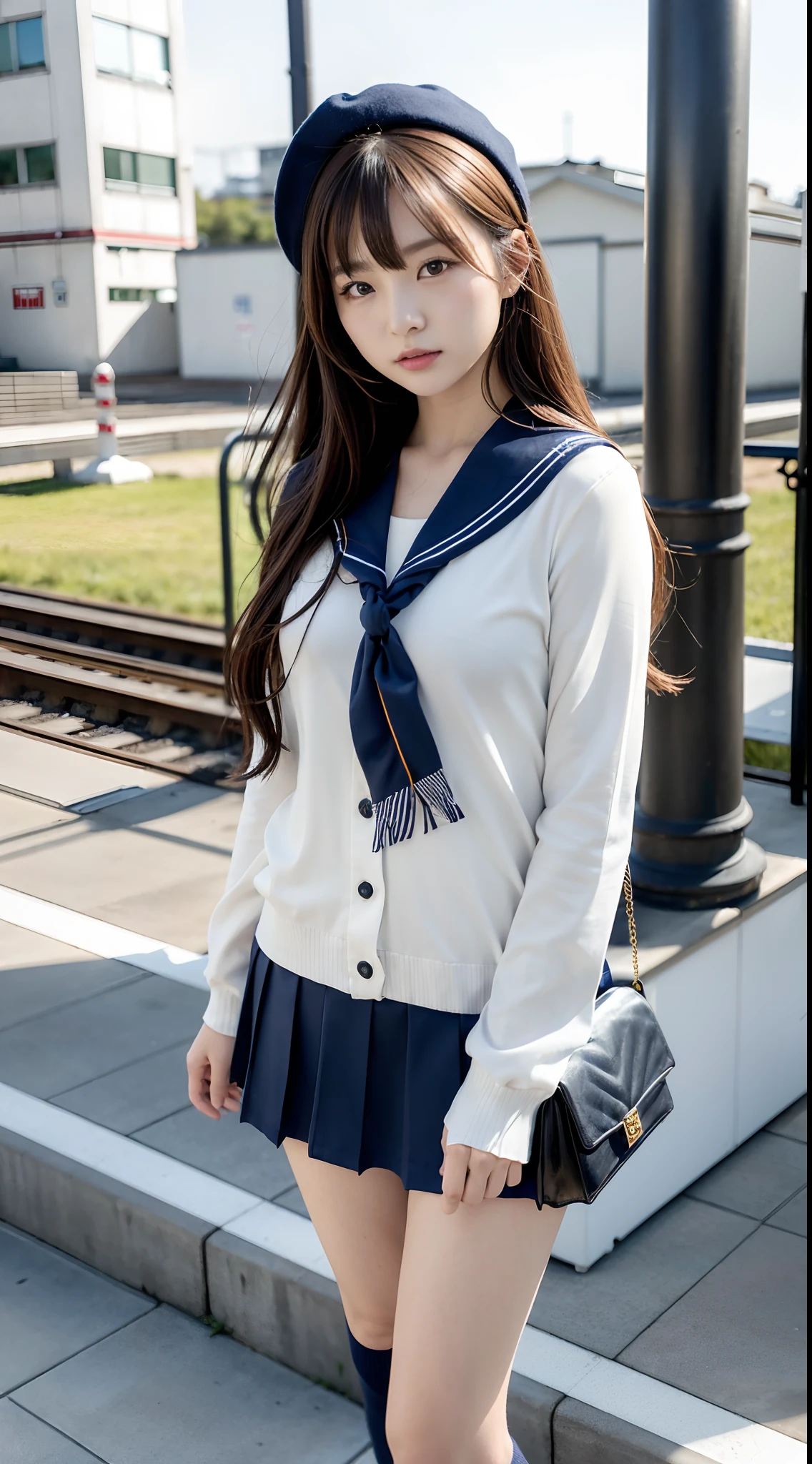 mix4, (16 K, Raw photography, Top image quality, masterpiece: 1.45), (realisitic, Photorealsitic: 1.37), one girls, 7.5, etc、Random hairstyle、Standing figure,Daytime、a very cute,Station platform,, profetional lighting, photon maping、physically-based renderingt, Gradient dark brown hair,Crisp backgrounds and high resolution, a handsome, Well-groomed and beautiful eyes、Large double eyelids、Very shiny、girl with, (((student clothes、Winter clothes、Sailor suit worn by Japan girl、Navy blue sailor color、scarf、a miniskirt, Small beret、high socks、lowfers、Frugal bag))), Top Quality Photos, hight resolution, 1080p, (clearface), (Detailed face description), (Detailed hand description), (masterpiece), (Exquisite CG)、extreme light and shadows、dishevled hair、master work、abundant detail、(Fine facial features)、(top quality photo)、(masuter piece)、(A detailed eye)、Look in front of you、Fine clavicle、((Slender big))、(((Japan schooln sailor suit)))、((Idle system))、((Station platform、wicket、railroad crossing))、(((neat and cute)))、耳Nipple Ring、A big smile、Drawing the whole body from the knees、Do not draw nasolabial folds、(((Long sleeve sailor suit)))、(Big breasts that hang down big:1.2)、Big buttocks with tension、Two arms and two legs、(((from the front side:0.3)))、bare hand、No mask、No skin exposure
