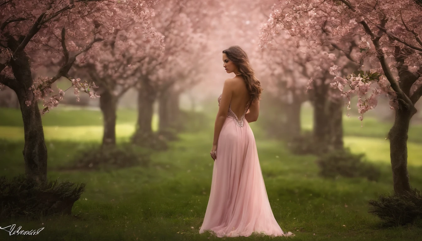 A woman in a light pink dress standing in a cherry forest, Artgerm, paisagem realista, Artgerm detalhado, olhos perfeitos, rosto perfeito, Ultra Detalhado, tiro de corpo inteiro, (Skindentation: 1.5), realista, realista, (obra-prima: 1.5), arte conceitual, detalhes intrincados, altamente detalhado, realista, octane rendering, 8K, motor irreal, dinamic pose, melhor qualidade, alta resolução, (rosto realista: 1.1), (hiper-realismo: 1.1) , ((full_body)), olhos perfeitos, (pele brilhante: 1.2), ((penteado))), ((perfect hands))), (fundo muito detalhado), ((dynamic background), ((lightning), (lightning), ((1girl)), Vestindo um manto, (((Manto de fluxo))), ((Olhos detalhados, Olhos de alta qualidade, Rosto de alta qualidade)), vestido rosa claro extremamente complexos, magical robes), casting lightning, eletricidade, spinning flame, radiation, spark, smoke, magia, (dramatic), epic, campo de batalha, profundidade de campo, bokeh, 4k, gotica, cinzas, particules.