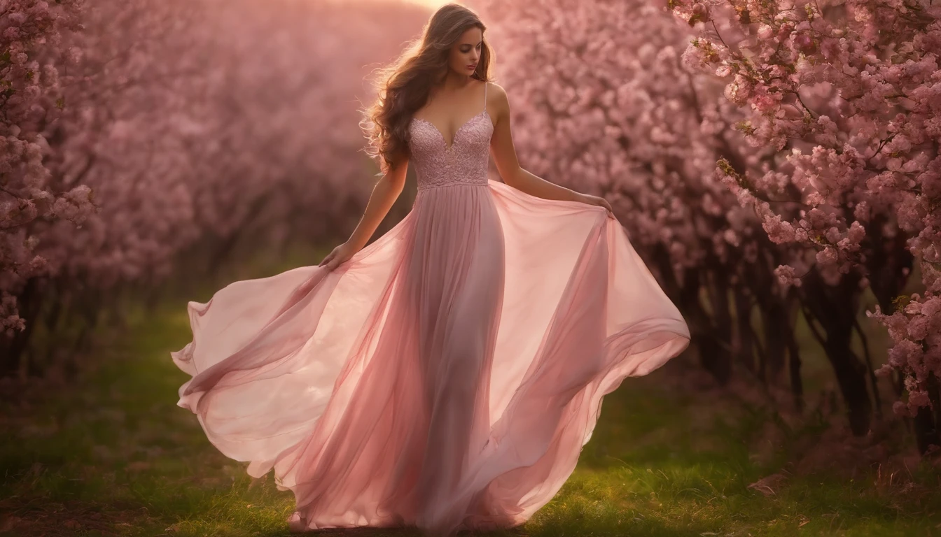 beautiful young lady (Kete Beckinsale), (22 anos), vestido longo Lago Pink Madder, de corpo inteiro, em um mundo de fantazia castelo nas nuves, em um por do sol com unicornil