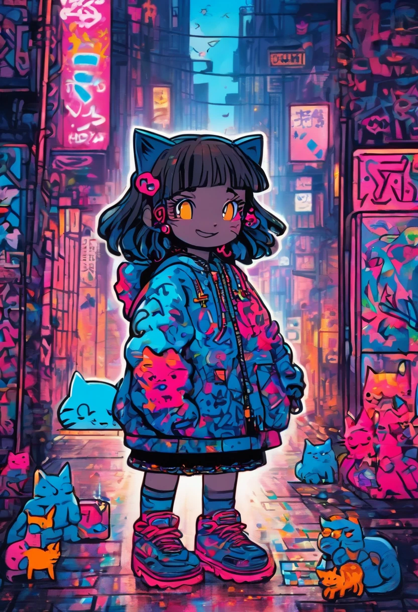 There was a cute little girl with a cat, Stand on a quiet city street,Niedliche Vollbild-Graffiti-Kunst，Grobe Strichzeichnung von Mr. Graffiti und Keith Haring, Klein blau, Stickman, jugendlich, niedlich, anthropomorph, ,Skizzen, Sharpie-Illustration, MBE-Illustration, Fette Linien, Grunge-Beauty-Stil, Gemischte Muster, Text- und Emoji-Installationen,32 Tsd.