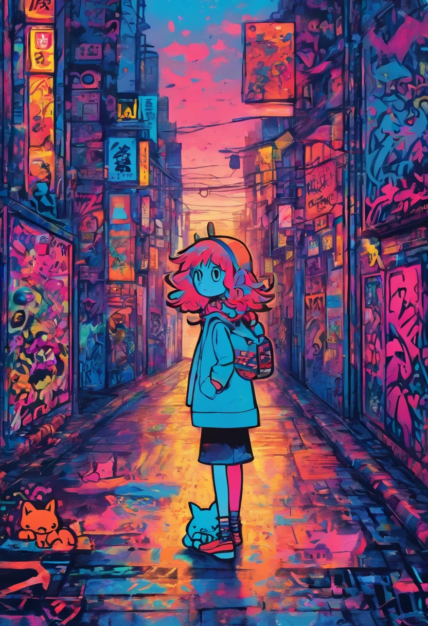 There was a cute little girl with a cat, Stand on a quiet city street,Niedliche Vollbild-Graffiti-Kunst,Grobe Strichzeichnung von Mr. Graffiti und Keith Haring, Klein blau, Stickman, jugendlich, niedlich, anthropomorph, ,Skizzen, Sharpie-Illustration, MBE-Illustration, Fette Linien, Grunge-Beauty-Stil, Gemischte Muster, Text- und Emoji-Installationen,32 Tsd.