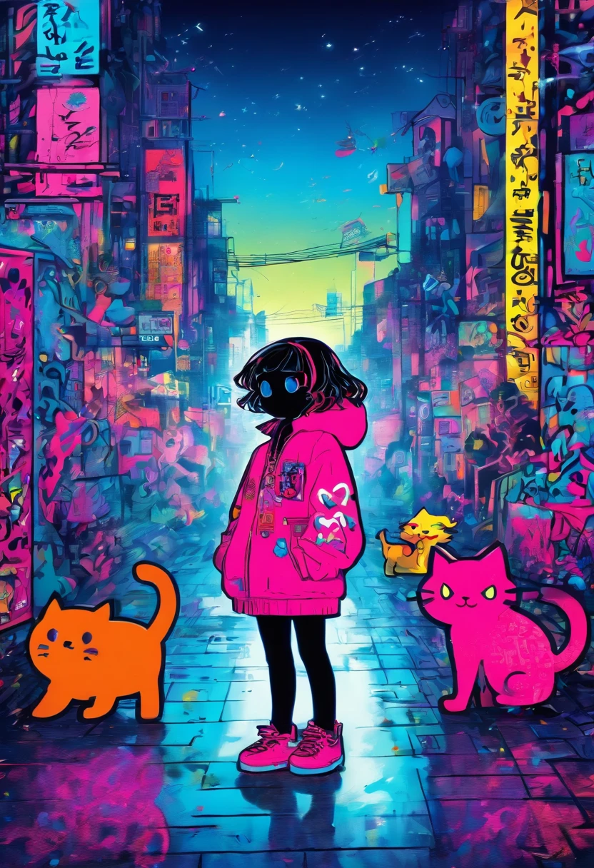 There was a cute little girl with a cat, Stand on a quiet city street,Niedliche Vollbild-Graffiti-Kunst,Grobe Strichzeichnung von Mr. Graffiti und Keith Haring, Klein blau, Stickman, jugendlich, niedlich, anthropomorph, ,Skizzen, Sharpie-Illustration, MBE-Illustration, Fette Linien, Grunge-Beauty-Stil, Gemischte Muster, Text- und Emoji-Installationen,32 Tsd.