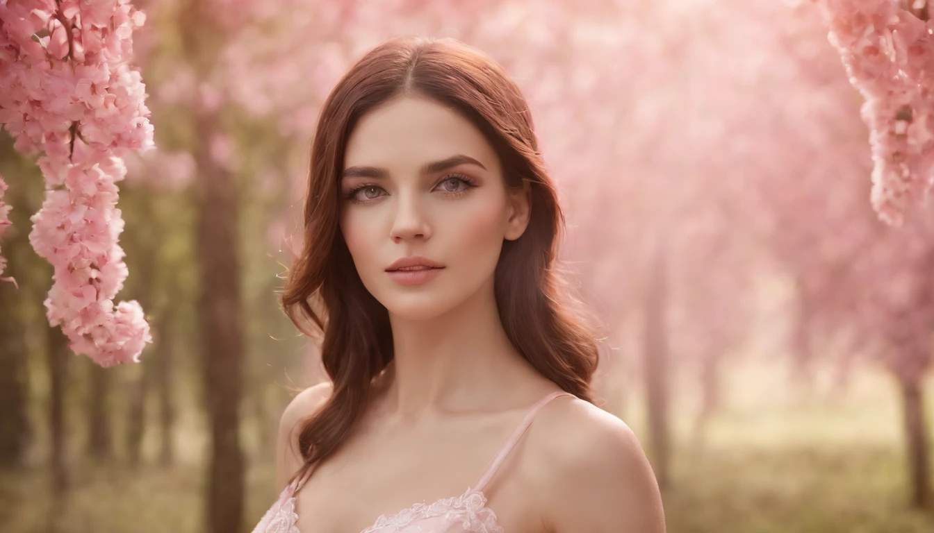 A woman in a light pink dress standing in a cherry forest, Artgerm, paisagem realista, Artgerm detalhado, olhos perfeitos, rosto perfeito, Ultra Detalhado, tiro de corpo inteiro, (Skindentation: 1.5), realista, realista, (obra-prima: 1.5), arte conceitual, detalhes intrincados, altamente detalhado, realista, octane rendering, 8K, motor irreal, dinamic pose, melhor qualidade, alta resolução, (rosto realista: 1.1), (hiper-realismo: 1.1) , ((full_body)), olhos perfeitos, (pele brilhante: 1.2), ((penteado))), ((perfect hands))), (fundo muito detalhado), ((dynamic background), ((lightning), (lightning), ((1girl)), Vestindo um manto, (((Manto de fluxo))), ((Olhos detalhados, Olhos de alta qualidade, Rosto de alta qualidade)), vestido rosa claro extremamente complexos, magical robes), casting lightning, eletricidade, spinning flame, radiation, spark, smoke, magia, (dramatic), epic, campo de batalha, profundidade de campo, bokeh, 4k, gotica, cinzas, particules.