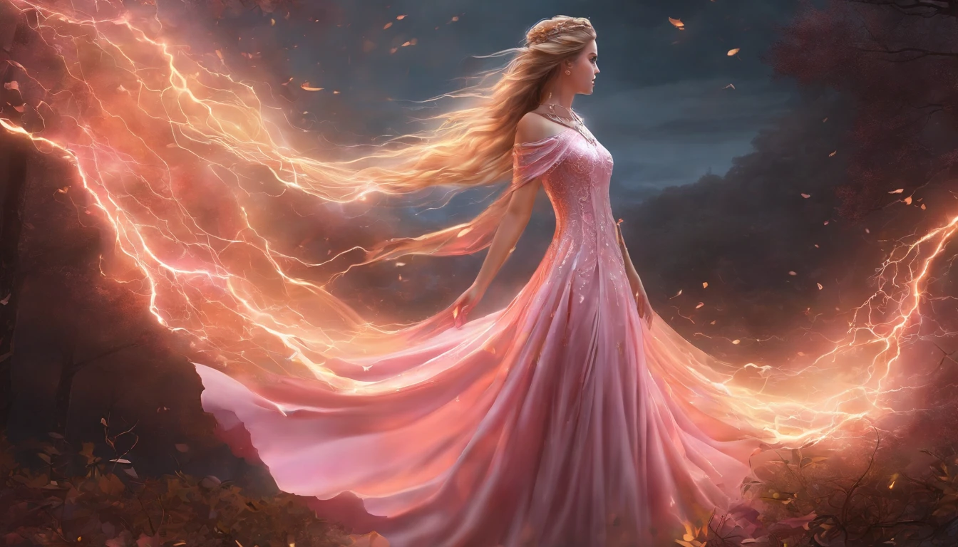 A woman in a light pink dress standing in a cherry forest, Artgerm, paisagem realista, Artgerm detalhado, olhos perfeitos, rosto perfeito, Ultra Detalhado, tiro de corpo inteiro, (Skindentation: 1.5), realista, realista, (obra-prima: 1.5), arte conceitual, detalhes intrincados, altamente detalhado, realista, octane rendering, 8K, motor irreal, dinamic pose, melhor qualidade, alta resolução, (rosto realista: 1.1), (hiper-realismo: 1.1) , ((full_body)), olhos perfeitos, (pele brilhante: 1.2), ((penteado))), ((perfect hands))), (fundo muito detalhado), ((dynamic background), ((lightning), (lightning), ((1girl)), Vestindo um manto, (((Manto de fluxo))), ((Olhos detalhados, Olhos de alta qualidade, Rosto de alta qualidade)), vestido rosa claro extremamente complexos, magical robes), casting lightning, eletricidade, spinning flame, radiation, spark, smoke, magia, (dramatic), epic, campo de batalha, profundidade de campo, bokeh, 4k, gotica, cinzas, particules.