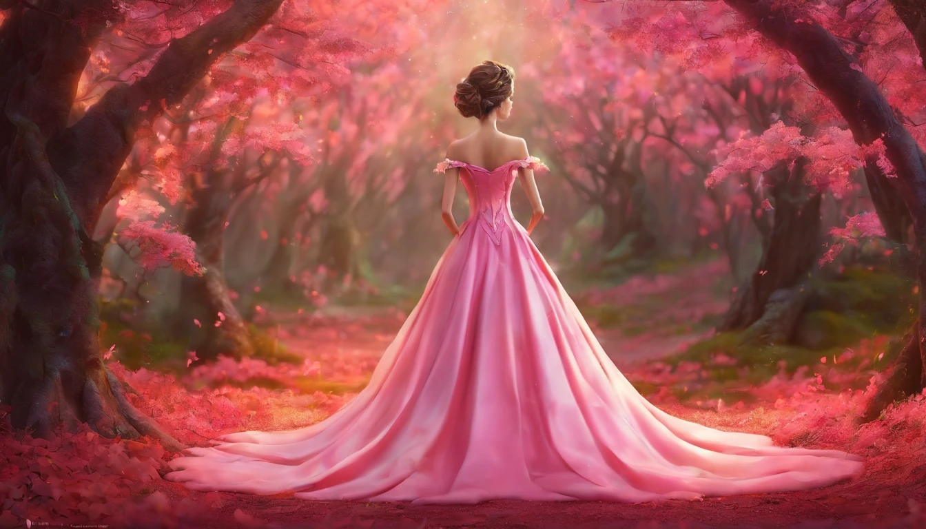 A woman in a light pink dress standing in a cherry forest, Artgerm, paisagem realista, Artgerm detalhado, olhos perfeitos, rosto perfeito, Ultra Detalhado, tiro de corpo inteiro, (Skindentation: 1.5), realista, realista, (obra-prima: 1.5), arte conceitual, detalhes intrincados, altamente detalhado, realista, octane rendering, 8K, motor irreal, dinamic pose, melhor qualidade, alta resolução, (rosto realista: 1.1), (hiper-realismo: 1.1) , ((full_body)), olhos perfeitos, (pele brilhante: 1.2), ((penteado))), ((perfect hands))), (fundo muito detalhado), ((dynamic background), ((lightning), (lightning), ((1girl)), Vestindo um manto, (((Manto de fluxo))), ((Olhos detalhados, Olhos de alta qualidade, Rosto de alta qualidade)), vestido rosa claro extremamente complexos, magical robes), casting lightning, eletricidade, spinning flame, radiation, spark, smoke, magia, (dramatic), epic, campo de batalha, profundidade de campo, bokeh, 4k, gotica, cinzas, particules.