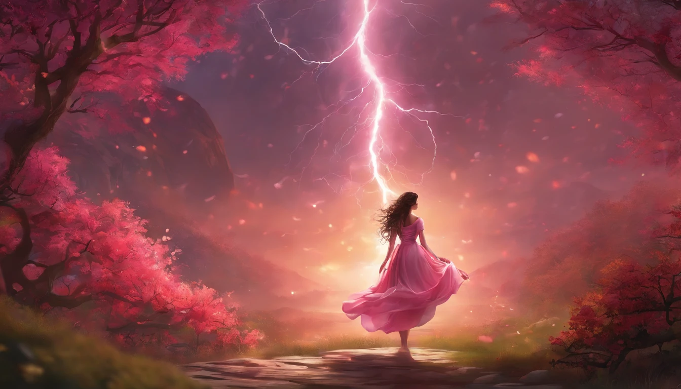 A woman in a light pink dress standing in a cherry forest, Artgerm, paisagem realista, Artgerm detalhado, olhos perfeitos, rosto perfeito, Ultra Detalhado, tiro de corpo inteiro, (Skindentation: 1.5), realista, realista, (obra-prima: 1.5), arte conceitual, detalhes intrincados, altamente detalhado, realista, octane rendering, 8K, motor irreal, dinamic pose, melhor qualidade, alta resolução, (rosto realista: 1.1), (hiper-realismo: 1.1) , ((full_body)), olhos perfeitos, (pele brilhante: 1.2), ((penteado))), ((perfect hands))), (fundo muito detalhado), ((dynamic background), ((lightning), (lightning), ((1girl)), Vestindo um manto, (((Manto de fluxo))), ((Olhos detalhados, Olhos de alta qualidade, Rosto de alta qualidade)), vestido rosa claro extremamente complexos, magical robes), casting lightning, eletricidade, spinning flame, radiation, spark, smoke, magia, (dramatic), epic, campo de batalha, profundidade de campo, bokeh, 4k, gotica, cinzas, particules.
