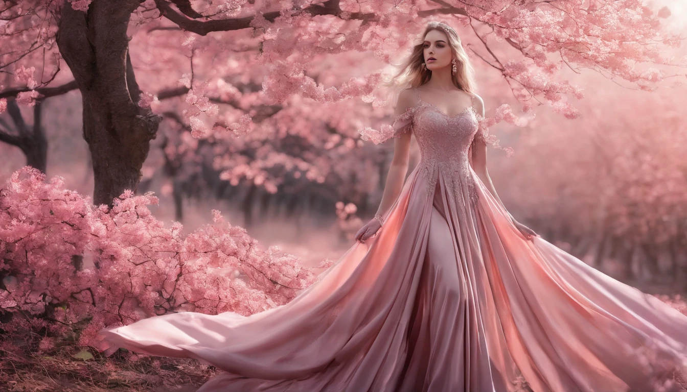A woman in a light pink dress standing in a cherry forest, Artgerm, paisagem realista, Artgerm detalhado, olhos perfeitos, rosto perfeito, Ultra Detalhado, tiro de corpo inteiro, (Skindentation: 1.5), realista, realista, (obra-prima: 1.5), arte conceitual, detalhes intrincados, altamente detalhado, realista, octane rendering, 8K, motor irreal, dinamic pose, melhor qualidade, alta resolução, (rosto realista: 1.1), (hiper-realismo: 1.1) , ((full_body)), olhos perfeitos, (pele brilhante: 1.2), ((penteado))), ((perfect hands))), (fundo muito detalhado), ((dynamic background), ((lightning), (lightning), ((1girl)), Vestindo um manto, (((Manto de fluxo))), ((Olhos detalhados, Olhos de alta qualidade, Rosto de alta qualidade)), vestido rosa claro extremamente complexos, magical robes), casting lightning, eletricidade, spinning flame, radiation, spark, smoke, magia, (dramatic), epic, campo de batalha, profundidade de campo, bokeh, 4k, gotica, cinzas, particules.