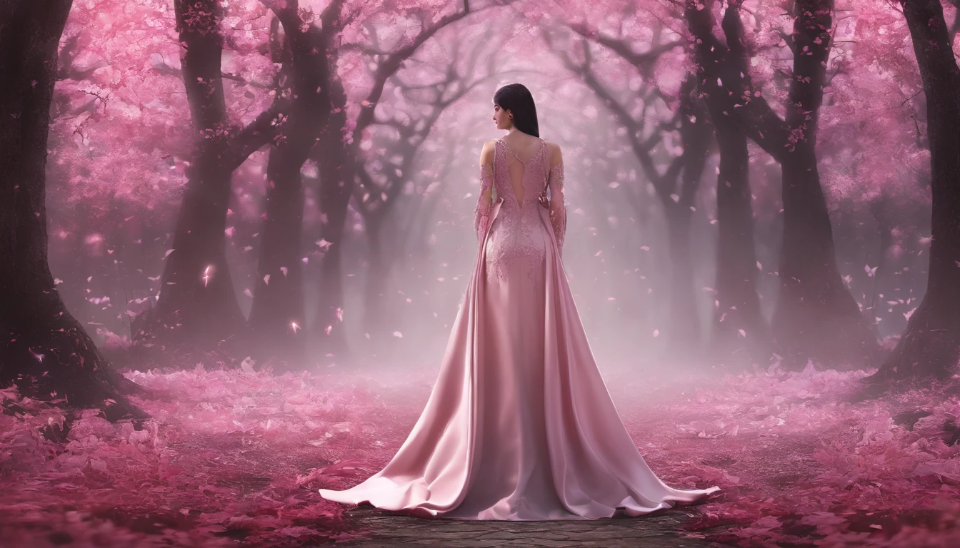 A woman in a light pink dress standing in a cherry forest, Artgerm, paisagem realista, Artgerm detalhado, olhos perfeitos, rosto perfeito, Ultra Detalhado, tiro de corpo inteiro, (Skindentation: 1.5), realista, realista, (obra-prima: 1.5), arte conceitual, detalhes intrincados, altamente detalhado, realista, octane rendering, 8K, motor irreal, dinamic pose, melhor qualidade, alta resolução, (rosto realista: 1.1), (hiper-realismo: 1.1) , ((full_body)), olhos perfeitos, (pele brilhante: 1.2), ((penteado))), ((perfect hands))), (fundo muito detalhado), ((dynamic background), ((lightning), (lightning), ((1girl)), Vestindo um manto, (((Manto de fluxo))), ((Olhos detalhados, Olhos de alta qualidade, Rosto de alta qualidade)), vestido rosa claro extremamente complexos, magical robes), casting lightning, eletricidade, spinning flame, radiation, spark, smoke, magia, (dramatic), epic, campo de batalha, profundidade de campo, bokeh, 4k, gotica, cinzas, particules.