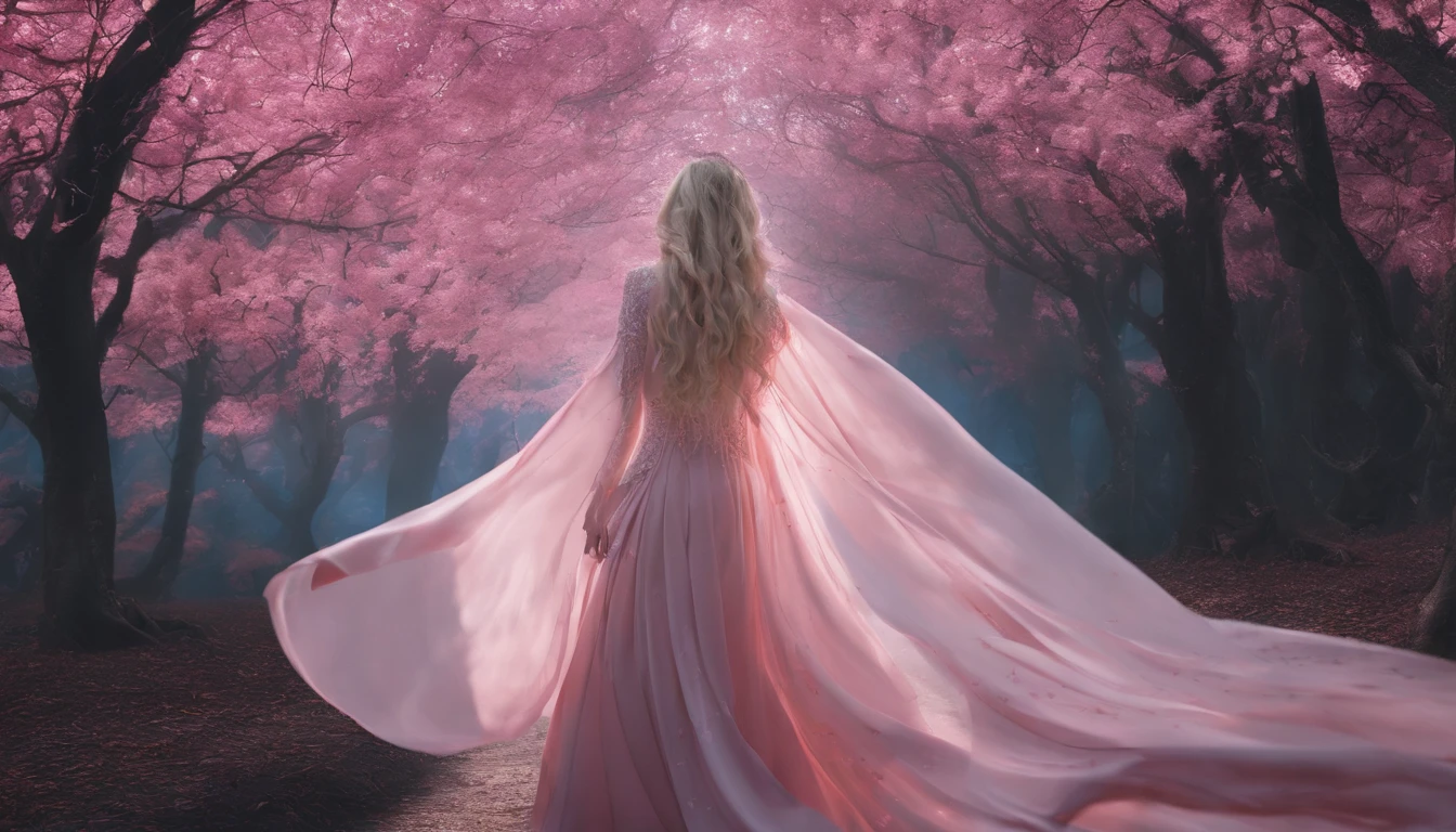 A woman in a light pink dress standing in a cherry forest, Artgerm, paisagem realista, Artgerm detalhado, olhos perfeitos, rosto perfeito, Ultra Detalhado, tiro de corpo inteiro, (Skindentation: 1.5), realista, realista, (obra-prima: 1.5), arte conceitual, detalhes intrincados, altamente detalhado, realista, octane rendering, 8K, motor irreal, dinamic pose, melhor qualidade, alta resolução, (rosto realista: 1.1), (hiper-realismo: 1.1) , ((full_body)), olhos perfeitos, (pele brilhante: 1.2), ((penteado))), ((perfect hands))), (fundo muito detalhado), ((dynamic background), ((lightning), (lightning), ((1girl)), Vestindo um manto, (((Manto de fluxo))), ((Olhos detalhados, Olhos de alta qualidade, Rosto de alta qualidade)), vestido rosa claro extremamente complexos, magical robes), casting lightning, eletricidade, spinning flame, radiation, spark, smoke, magia, (dramatic), epic, campo de batalha, profundidade de campo, bokeh, 4k, gotica, cinzas, particules.