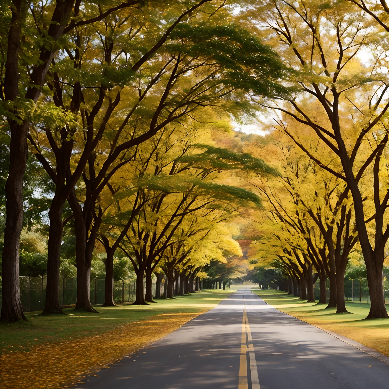 There is a bicycle parked on the side of a road, breath - taking beautiful trees, breath-taking beautiful trees, no outono, no outono, beautiful trees, amazing color photograph, Outono dourado, bela fotografia, autumn season, por Gang Se-hwang, cores amarelas, tonalidade amarela, soio, cores amarelas, cores verde e amarelo, amarelo e verde, tema amarelo