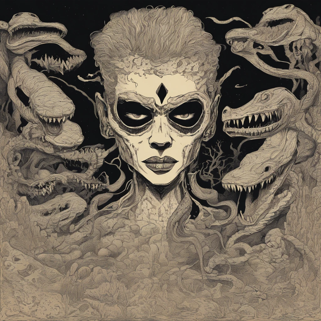 Medusa, northern lights, snake lightning, snakes to the heavens, hand drawn ink on paper illustration, double exposure, optical illusion, snake skin dress, full length body, (lamia, gorgon, snake woman hybrid, human upper-body, snake tail lower-body), fullbody, snake-haired, bald, hairless, (face, ornate black metal corpse paint, resembles Grace Jones), (background, pine barrens, entropy, rewilding, magic hour nautical twilight), (art style "Sean Gordon Murphy" comic drawing, splash panel), body drawn in Frederic Delavier musculature anatomical illustration art style, candid, the snake-haired head is covered in snakes that resemble pantera great southern trendkill, silhouette, full length body portrait, (body, Naga, snakefolk), (colors, forest green to earth brown, merge bleak muted deep fiery radiant glowing CMYK hues, (horror, abstract, surreal, body, cosmic), (art style Gerardo Zaffino charcoal), nyctophobia,