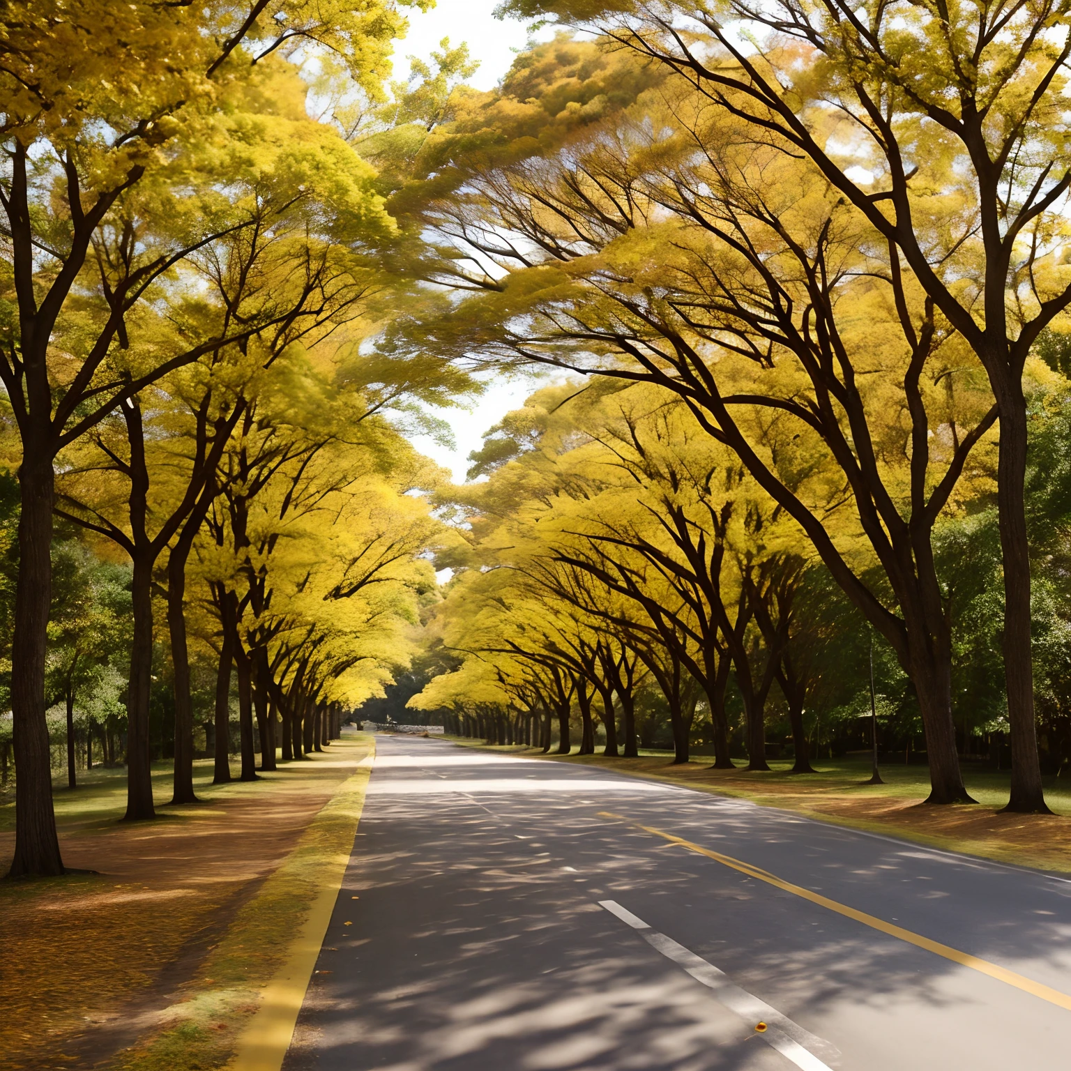 There is a bicycle parked on the side of a road, breath - taking beautiful trees, breath-taking beautiful trees, no outono, no outono, beautiful trees, amazing color photograph, Outono dourado, bela fotografia, autumn season, por Gang Se-hwang, cores amarelas, tonalidade amarela, soio, cores amarelas, cores verde e amarelo, amarelo e verde, tema amarelo