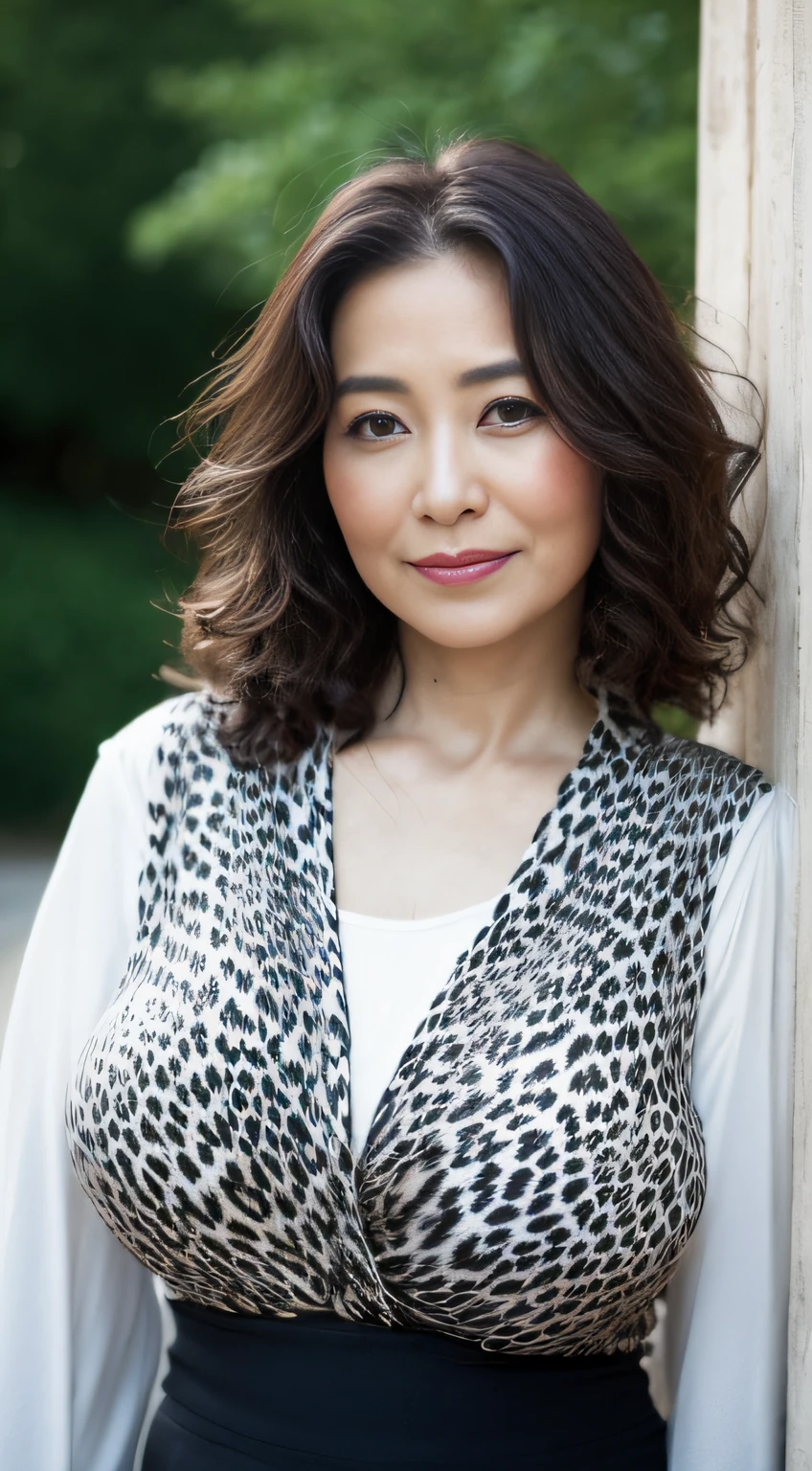((Best quality, 8K, Masterpiece, Portrait: 1.3)), (View viewers), Photorealism, Sharp focus, Solo, The Moro Islamic Liberation Front of Japan, Beauty,Wavy hair, Wrinkles at the corners of the eyes, to emphasize, ((Big breasts:1.3))),，30 years old, curlies, Wrinkled eyes, Elegant black shirt、（（looking at viewert））