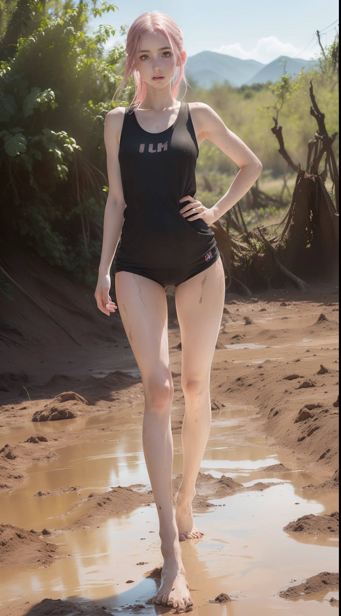 (full body portrait:1.3),dynamic pose,1girl,pale skin,pink hair,delicate face,heterochromia eyes,freckles,(black sando:1.3,muddy dirty barefoot:1.3),(thigh gap:1.3,thighs:1.3,one hip up:1.3),(best quality:1.2,ultra-detailed,realistic:1.37),soft colors,polished lighting