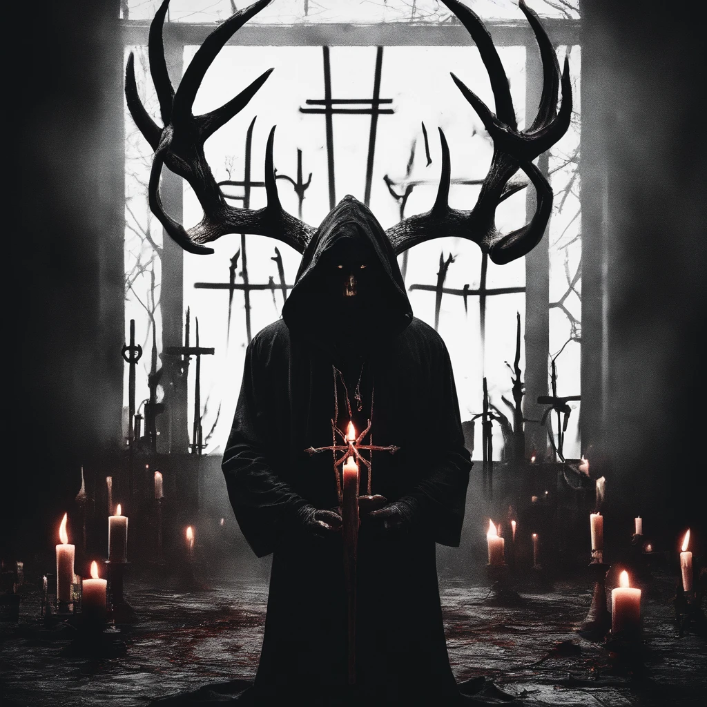 (a person wearing a black hooded robe and a satanic deer skull,a wax candle),(best quality,highres,gloomy,horror,satanic,dark color scheme),dimly lit background,gloomy atmosphere,flickering candle light,creepy vibes,detailed robe texture,dark and mysterious,haunting shadows,spooky aura,sinister expression in the eyes,subtle glow on the candle flame, cinematic camera angle, photo realistic, clear deer skull, highred deer skull, blood on deer skull, wax dripping, chains hanging from background, dark color scheme, satanic crosses in background, satanic alter, satanic crosses, upside down crosses, dark backdrop, summoning spirit, summoning, summon