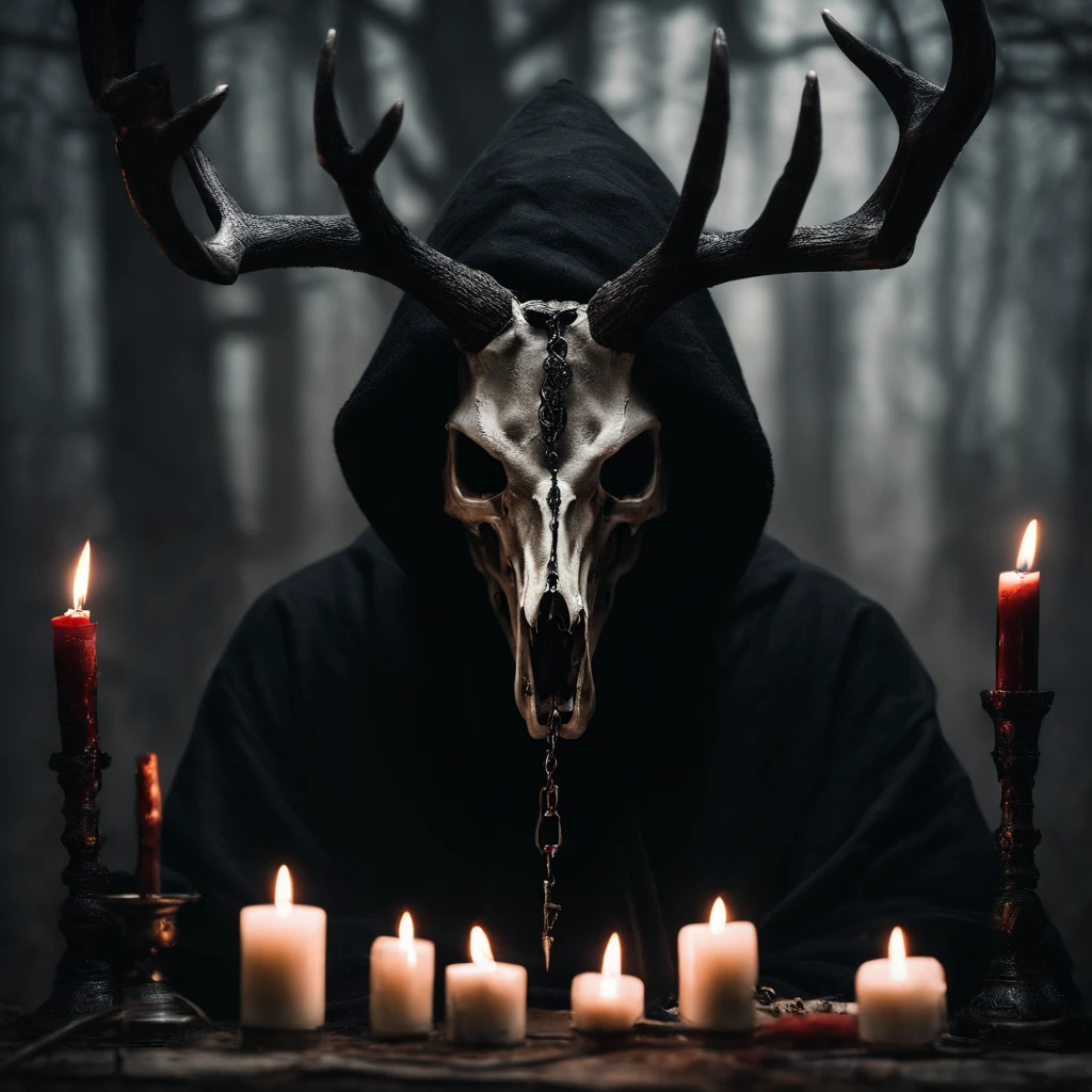 (a person wearing a black hooded robe and a satanic deer skull,a wax candle),(best quality,highres,gloomy,horror,satanic,dark color scheme),dimly lit background,gloomy atmosphere,flickering candle light,creepy vibes,detailed robe texture,dark and mysterious,haunting shadows,spooky aura,sinister expression in the eyes,subtle glow on the candle flame, cinematic camera angle, photo realistic, clear deer skull, highred deer skull, blood on deer skull, wax dripping, chains hanging from background, dark color scheme, satanic crosses in background, satanic alter, satanic crosses, upside down crosses, dark backdrop, summoning spirit, summoning, summon