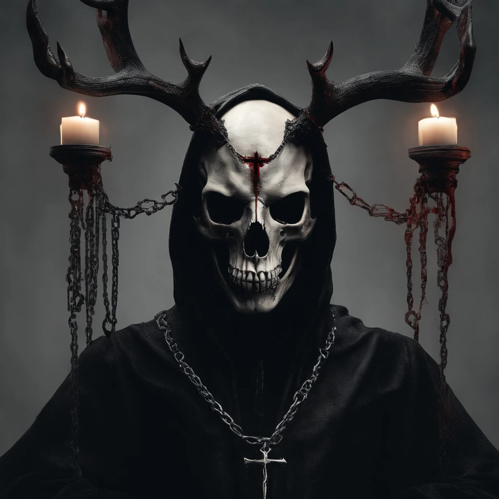 (a person wearing a black hooded robe and a satanic deer skull,a wax candle),(best quality,highres,gloomy,horror,satanic,dark color scheme),dimly lit background,gloomy atmosphere,flickering candle light,creepy vibes,detailed robe texture,dark and mysterious,haunting shadows,spooky aura,sinister expression in the eyes,subtle glow on the candle flame, cinematic camera angle, photo realistic, clear deer skull, highred deer skull, blood on deer skull, wax dripping, chains hanging from background, dark color scheme, satanic crosses in background, satanic alter, satanic crosses, upside down crosses, dark backdrop, summoning spirit, summoning, summon