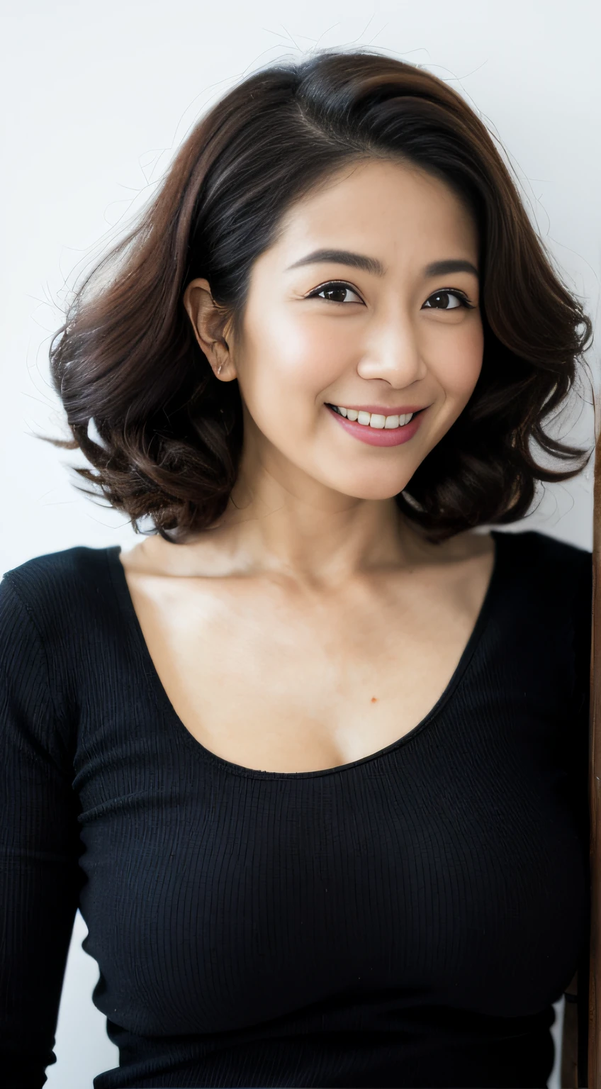 ((Best quality, 8K, Masterpiece, Portrait: 1.3)), (View viewers), Photorealism, Sharp focus, Solo, The Moro Islamic Liberation Front of Japan, Beauty,Wavy hair, Wrinkles at the corners of the eyes, to emphasize, ((Big breasts:1.3))),,30 years old, curlies, Wrinkled eyes, Elegant black shirt、((looking at viewert))