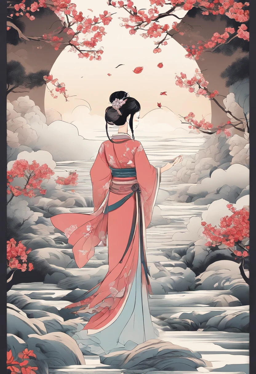 ((4k,masterpiece,best quality)), shuimobysim, girl, little Chinese painting, lotuses, Hanfu, maxiskit, dress conservatively 1 girl, 独奏, looking at viewert,