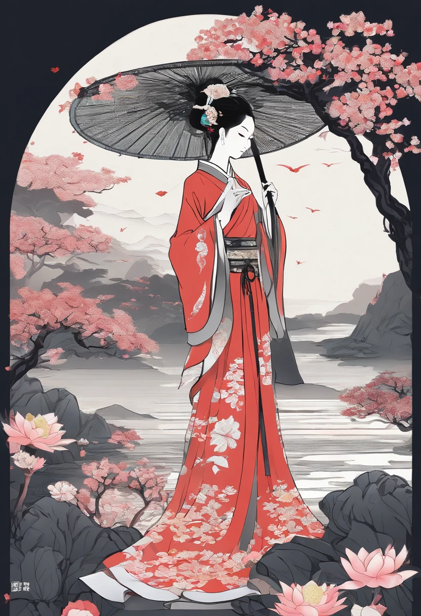 ((4k,masterpiece,best quality)), shuimobysim, girl, little Chinese painting, lotuses, Hanfu, maxiskit, dress conservatively 1 girl, 独奏, looking at viewert,