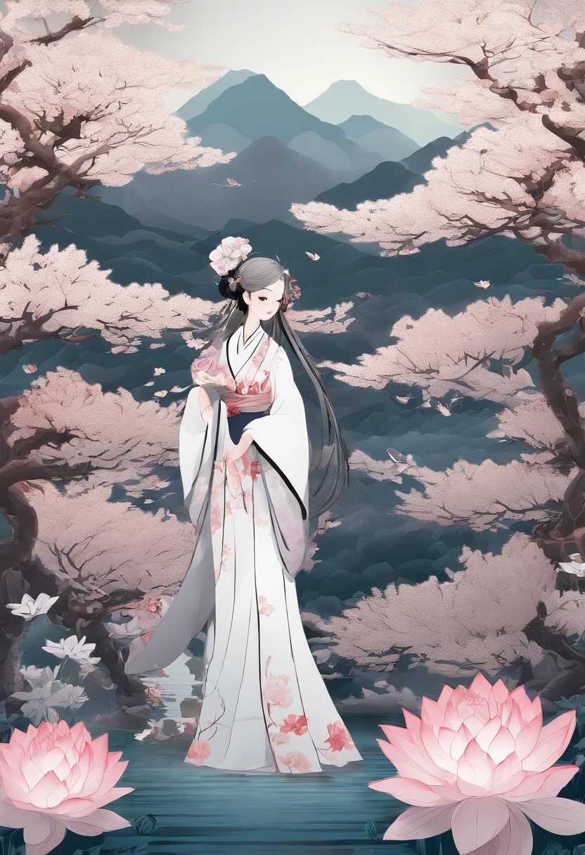 ((4k,masterpiece,best quality)), shuimobysim,Young girl, little girl, cute Chinese painting, lotuses, Hanfu, maxiskit, dress conservatively 1 girl, 独奏, looking at viewert,