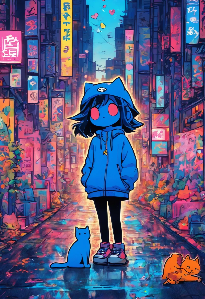 There was a cute little girl with a cat, Stand on a quiet city road,Full-frame cute graffiti art，Rough line art by Mr. Graffiti and Keith Haring, Klein blue, stickfigure, Youthful, Cute, Anthropomorphic, ,scribbles, sharpie illustration, MBE illustration, Bold lines, Grunge beauty style, mixed patterns, text and emoji installations,32K