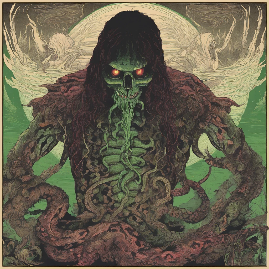 Medusa, northern lights, snake lightning, snakes to the heavens, hand drawn ink on paper illustration, double exposure, optical illusion, snake skin dress, full length body, (lamia, gorgon, snake woman hybrid, human upper-body, snake tail lower-body), fullbody, snake-haired, bald, hairless, (face, ornate black metal corpse paint, resembles Grace Jones), (background, pine barrens, entropy, rewilding, magic hour nautical twilight), (art style "Sean Gordon Murphy" comic drawing, splash panel), body drawn in Frederic Delavier musculature anatomical illustration art style, candid, the snake-haired head is covered in snakes that resemble pantera great southern trendkill, silhouette, full length body portrait, (body, Naga, snakefolk), (colors, forest green to earth brown, merge bleak muted deep fiery radiant glowing CMYK hues, (horror, abstract, surreal, body, cosmic), (art style Gerardo Zaffino charcoal), nyctophobia,