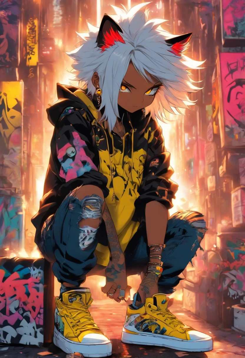 A cool and trendy cat, white hair, yellow eyes, wearing trendy hip hop clothing, wearing a hoodie, graphic t-shirt and torn jeans, tons of tattoos and piercings, graffiti style background, highly detailed background, perfect masterpiece, high quality, high resolution