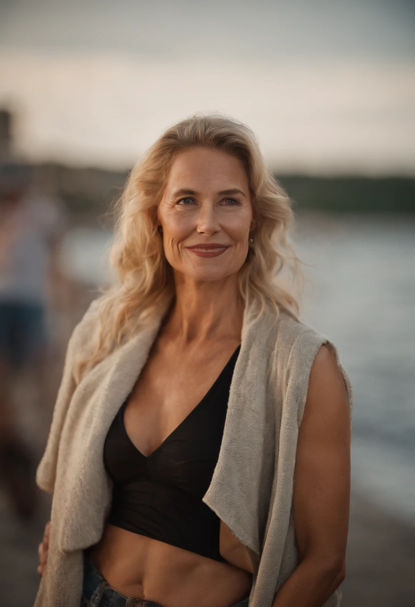 Photo of a mature American woman, MILF, beautiful face, curly blonde hair, no bra, visible nipple, Wrinkles, elderly woman, necklace, shorts, Beautiful clothes, bikini, beach, rooftop bar, showpiece, Ultra High Resolution, ( photorealistic: 1.4), RAW photo, ultra realistic, Detailed background, refined, detailed, Realistic face, Detailed face, realistic skin, (RAW photo, best quality), extremely detailed, CG, unity, incredible orgy, fine details, Light smile , extremely detailed CG wallpaper unit 8k, huge file size, ultra-detailed, tall, absurd, soft light, half-length, backgroundless photo