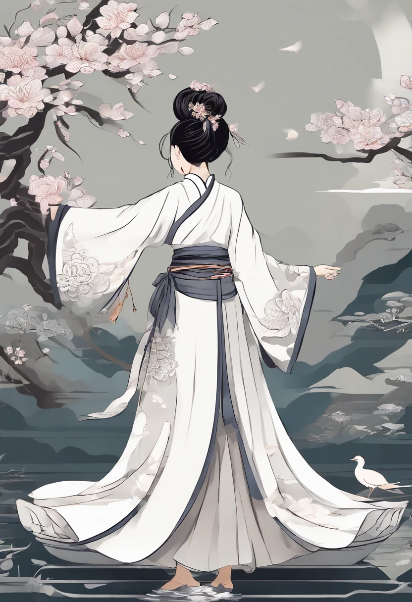 ((4k,masterpiece,best quality)), shuimobysim,Young girl cute Chinese painting, lotuses, Hanfu, maxiskit, dress conservatively 1 girl, 独奏, looking at viewert,