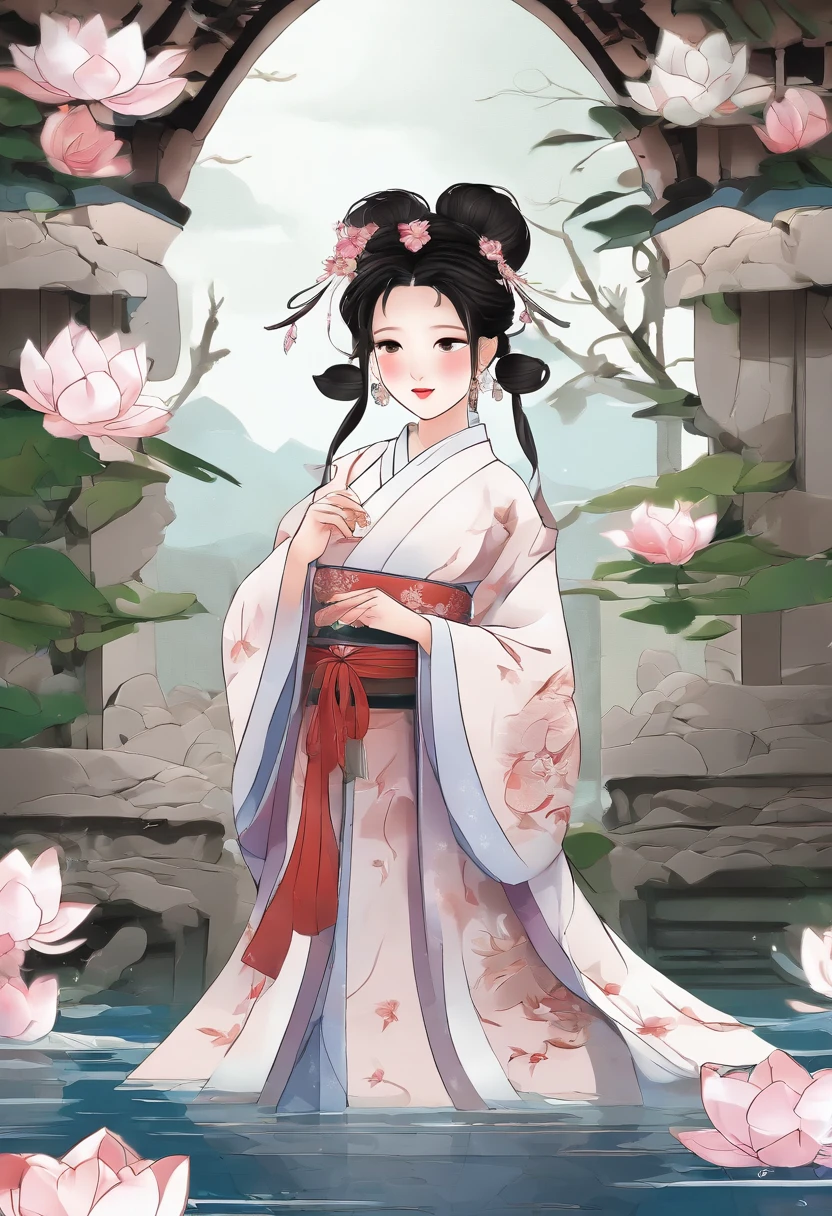 ((4k,masterpiece,best quality)), shuimobysim,Young girl cute Chinese painting, lotuses, Hanfu, maxiskit, dress conservatively 1 girl, 独奏, looking at viewert,