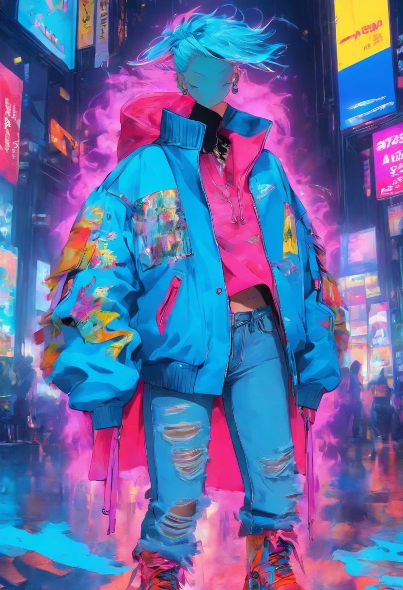 Best quality, A high resolution, A beauty stood,exposing your navel ,VETEMENTS, garments, Vetements Blue Big Shape Destroyed Jeans,Vetements Doodle-print Bomber Jacket,Avant-garde accessories, Balenciaga's artistic style,(FashionMagCover), (BALENCIAGA)