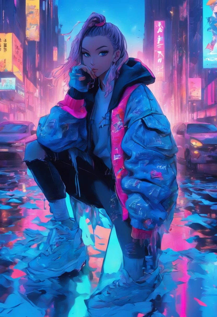 Best quality, A high resolution, A beauty stood，exposing your navel ，VETEMENTS, garments, Vetements Blue Big Shape Destroyed Jeans,Vetements Doodle-print Bomber Jacket,Avant-garde accessories, Balenciaga's artistic style，(FashionMagCover), (BALENCIAGA)