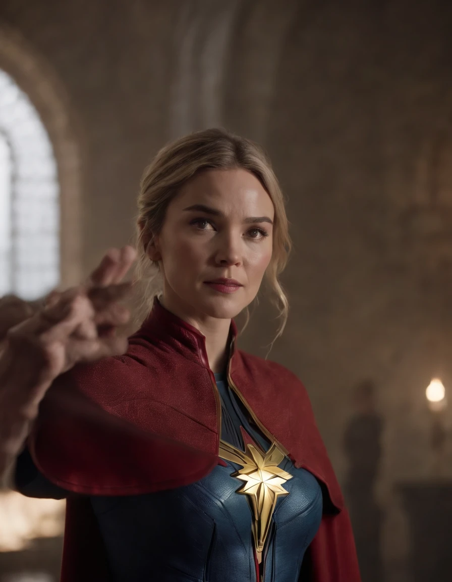 (Best quality, 8K, Masterpiece :1.3), Dr Strange Hug Captain Marvel, romantic background.
