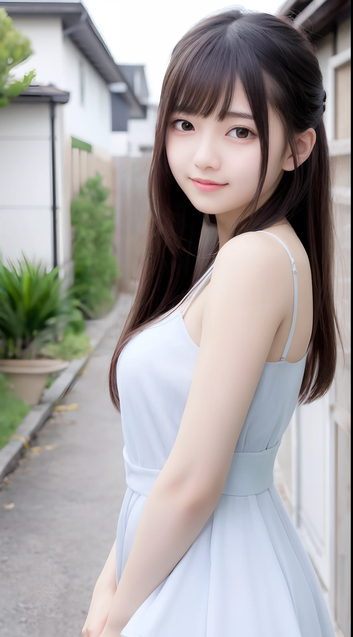 ultra-detailliert、ighly detailed、​masterpiece、top-quality、top-quality、absurderes、Hi-Res、Subsurface scattering、(1girl in:1.2)、(Solo:1.2)、(The cutest high school girl in the world:1.3)、bangss、(Smiling smile:1.0)、eye reflections、A detailed eye、perfect  eyes、rendered eyes、(looking looking at viewer:1.2)、Dynamic angles、Dynamic Poses、phone、full body Esbian、(Detailed skin:1.1)、skin pore、shinny skin、shinny skin、(dent in the skin: 1.2)、not too large breasts、Neat and clean clothing、Hair flow、夏天、during daytime、outside of house、城市、Walkway、alleyway、(sign:0.9)、(Eau:0.9)、(a plant:0.9)、(detailedbackground:1.2)、(the complex background:1.2)