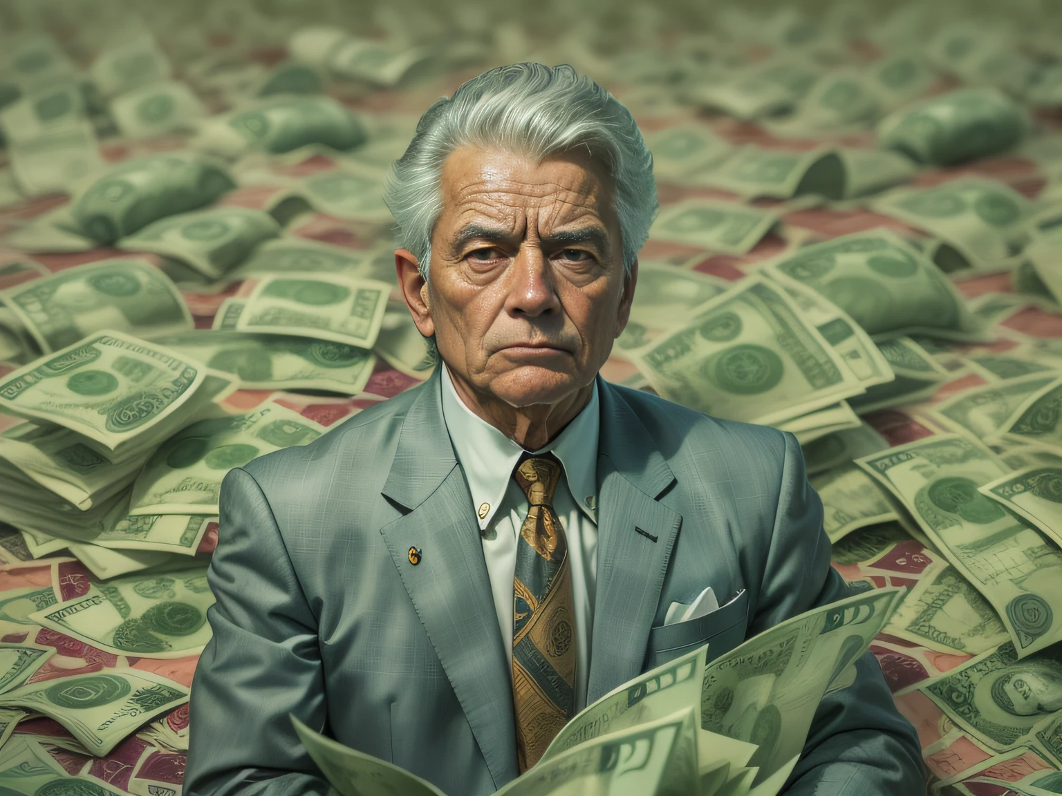 A detailed painting of a person on an old billionaire in a suit, surrounded by a flood of dollar bills