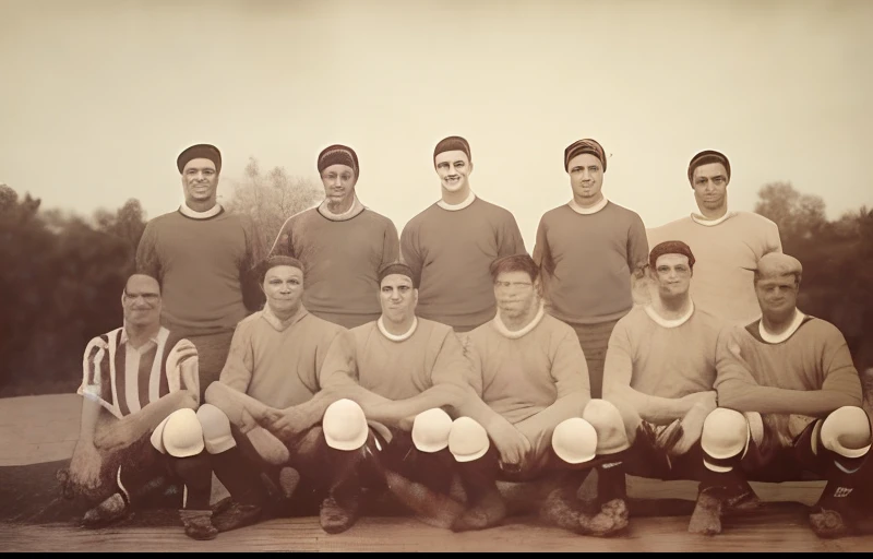 Fotografia de um grupo de jogadores de soccer com uniformes listrados posando para uma foto, historical picture, historic photo, Foto de 1900, Victorian era, 1904, 1 9 0 5, 1905, imagem antiga, 1 9 0 9, 1908, 1902, 1 9 0 2, 1 9 0 1, soccer players with midriffs and an old soccer ball in the center