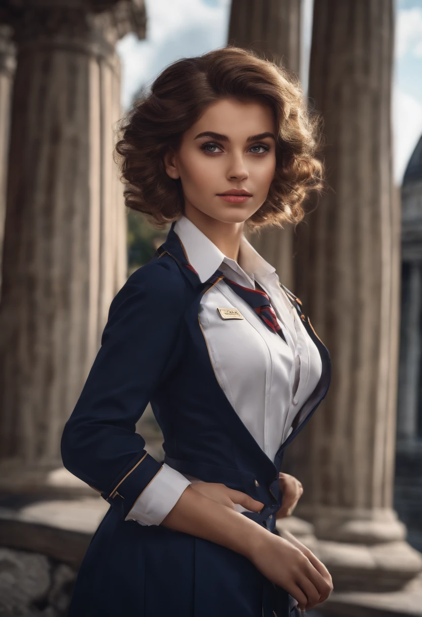(Masterpiece), (Best Quality), (1 Girl), Girl in Royal Detective England School Uniform , Cool Pose, school Background,between the background pillars ,Hair Color #B0D9B1 , Short Hair,