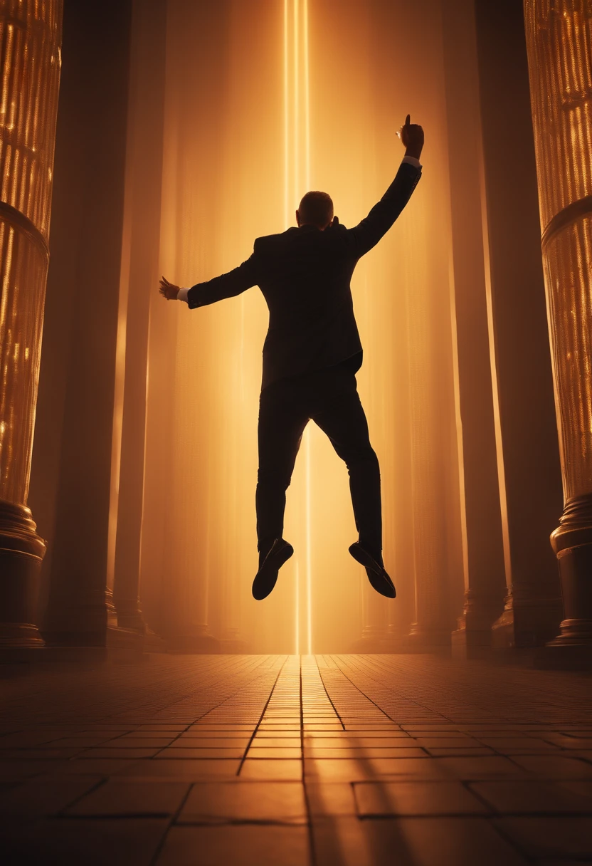 Photography, Members of the forex traders group cheering and jumping with excitement and joy. the forex trader stands under a radiant pillar of light, surrounded by a mysterious glow. His power is constantly growing, and the air around him seems to be tense. , 32k, best quality, masterpiece, super detail, high details, photorealistic