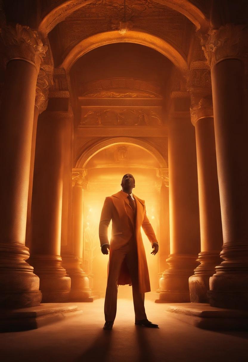 Photography, Members of the forex traders group cheering and jumping with excitement and joy. the forex trader stands under a radiant pillar of light, surrounded by a mysterious glow. His power is constantly growing, and the air around him seems to be tense. , 32k, best quality, masterpiece, super detail, high details, photorealistic