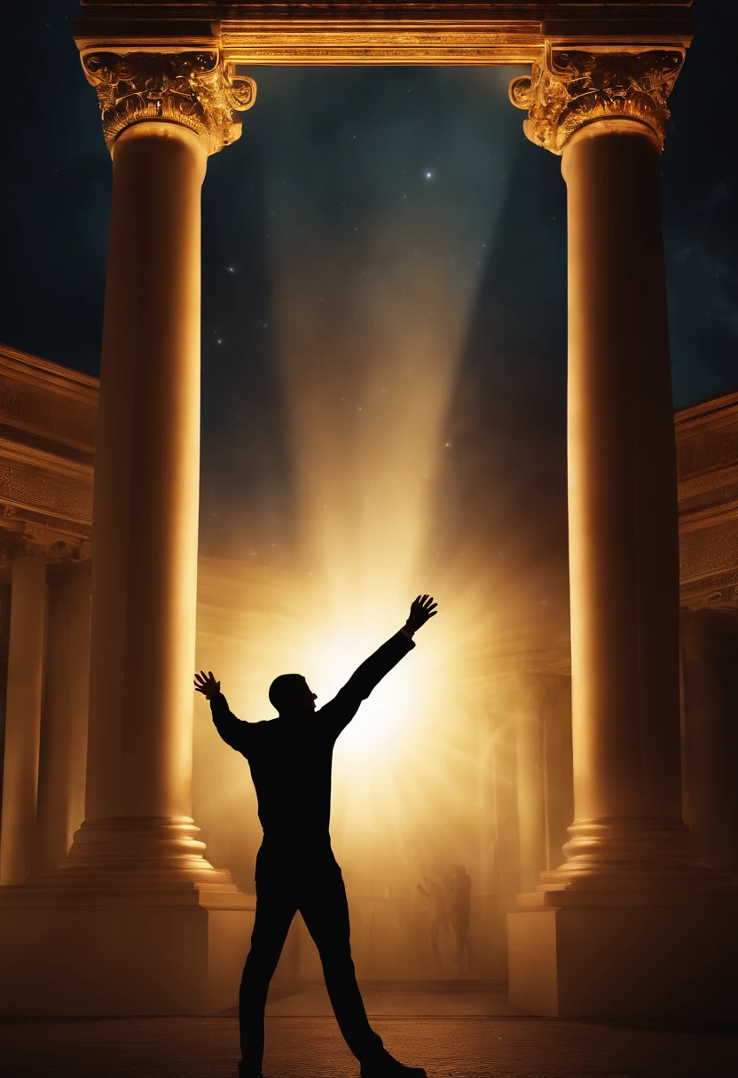 Photography, Members of the forex traders group cheering and jumping with excitement and joy. the forex trader stands under a radiant pillar of light, surrounded by a mysterious glow. His power is constantly growing, and the air around him seems to be tense. , 32k, best quality, masterpiece, super detail, high details, photorealistic