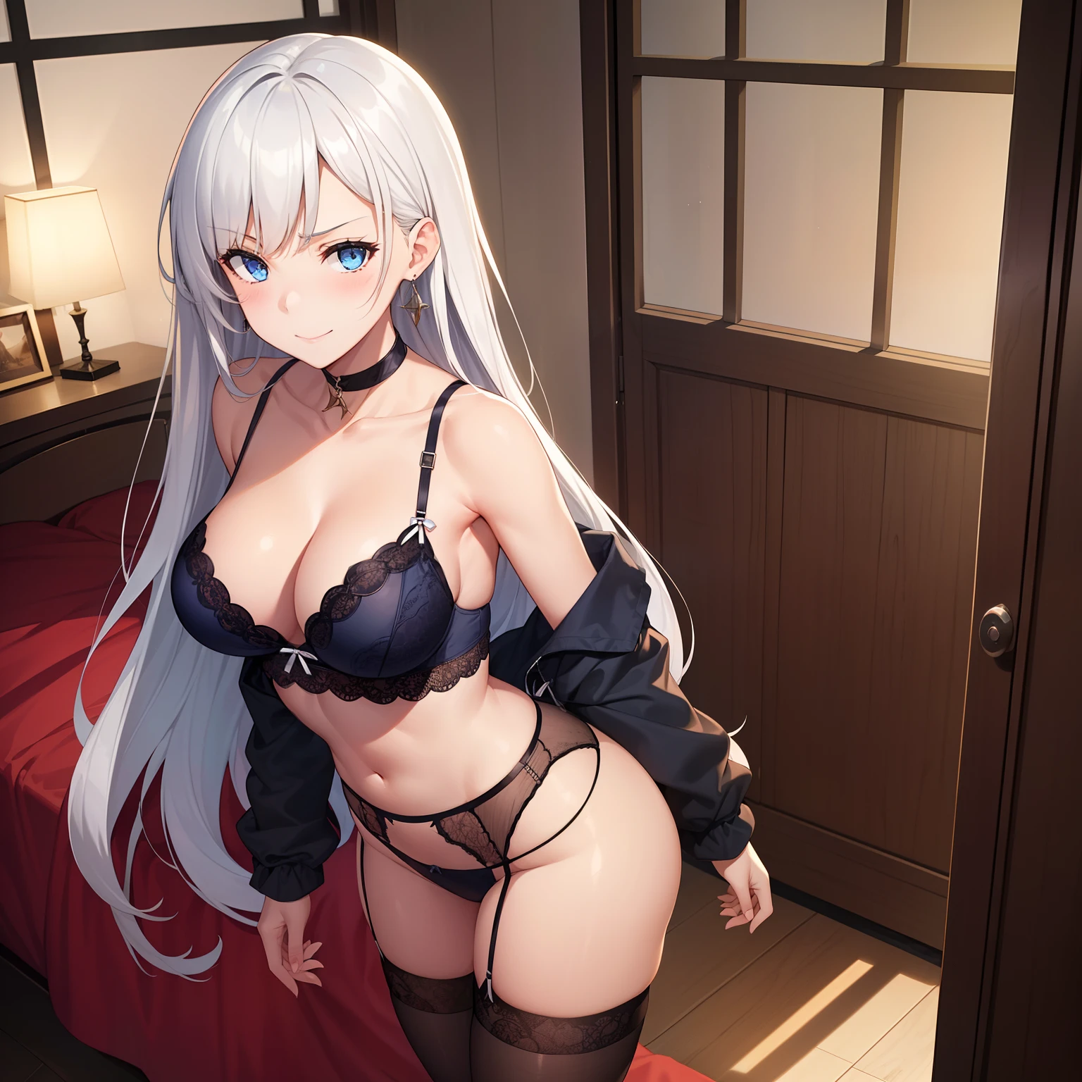 1girl,big breasts,standing in bed,(8k),detailed face,white hair,navy blue eyes,very long hair,embarassed,small smile face, high_res, high_definition,sexy pose, black Lace lingerie, (Sexy lingerie Custome:1.1),