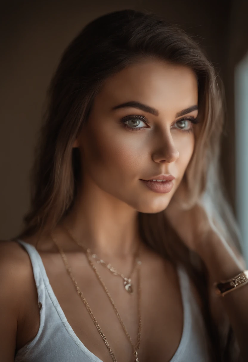 Arafed woman with a white tank top and necklace, fille sexy aux yeux verts, Portrait Sophie Mudd, cheveux bruns et grands yeux, Selfie d' une jeune femme, Yeux de chambre, Violet Myers, sans maquillage, maquillage naturel, looking straight at camera, Visage avec Artgram, Maquillage subtil, Superbe photo du corps entier, piercing green eyes, Bel angle, pose attrayante, fille mignonne, sexy pose, corps entier, Prise de vue du corps entier, brunette goddess, High detail, pose satisfaite, Pantalon en cuir,