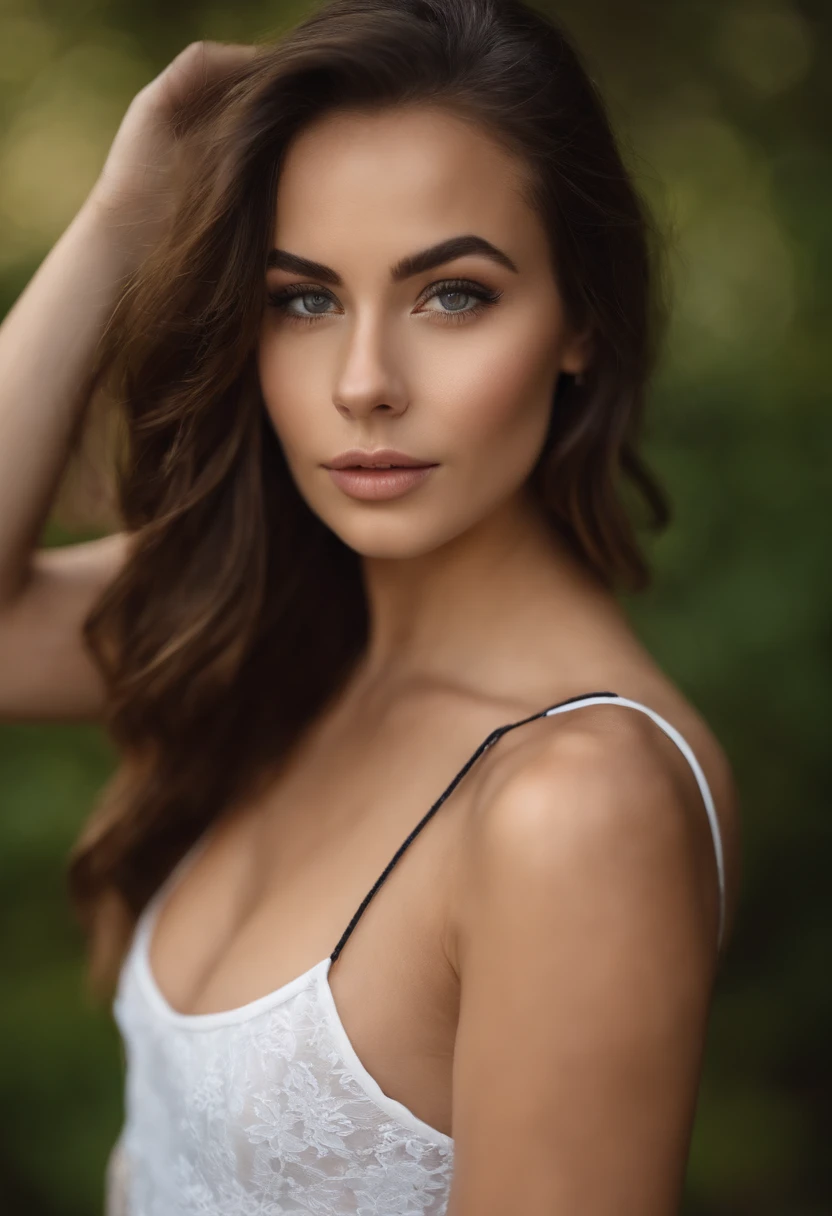 Arafed woman with a white tank top and necklace, fille sexy aux yeux verts, Portrait Sophie Mudd, cheveux bruns et grands yeux, Selfie d' une jeune femme, Yeux de chambre, Violet Myers, sans maquillage, maquillage naturel, looking straight at camera, Visage avec Artgram, Maquillage subtil, Superbe photo du corps entier, piercing green eyes, Bel angle, pose attrayante, fille mignonne, sexy pose, corps entier, Prise de vue du corps entier, brunette goddess, High detail, pose satisfaite, Pantalon en cuir,